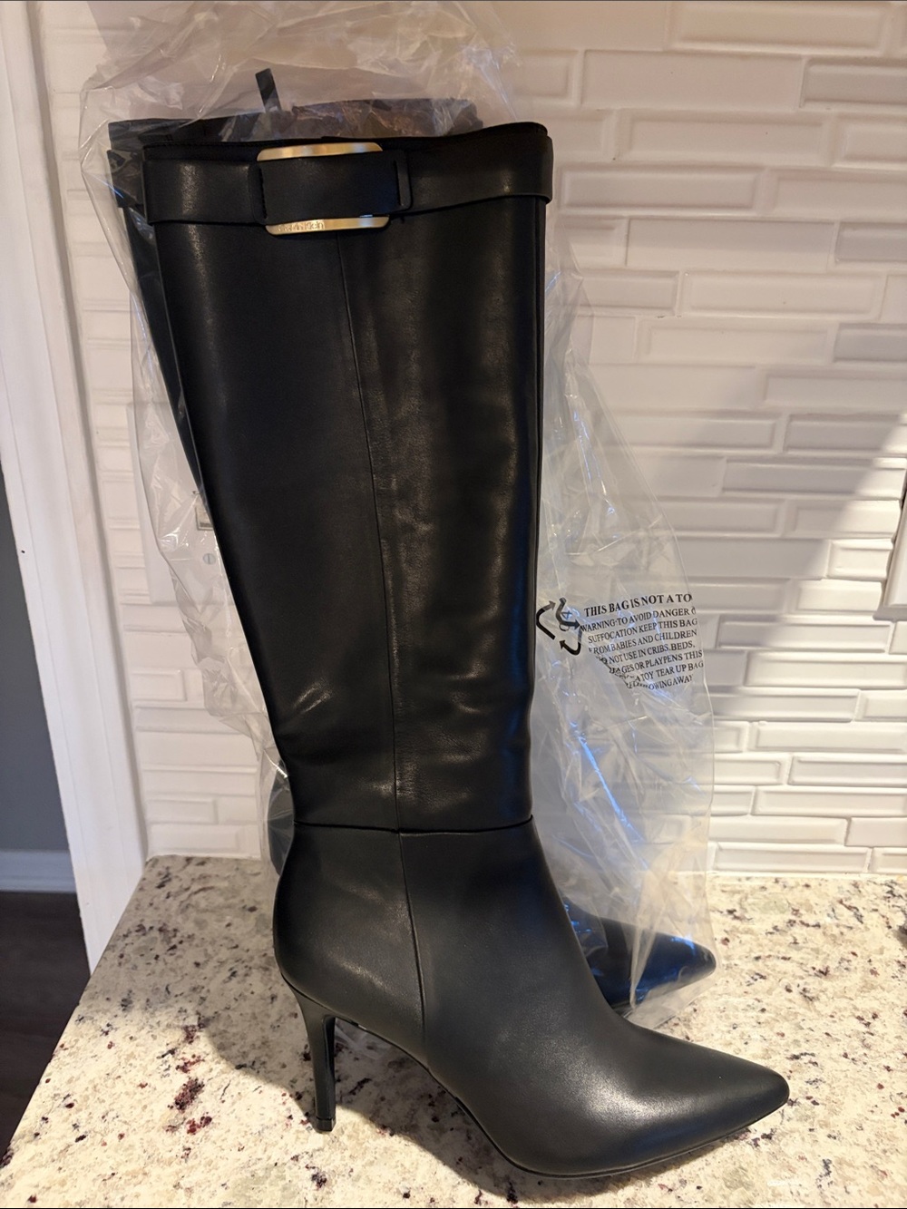 Calvin Klein Black Leather Knee-High Pointed Toe Stiletto Boots
